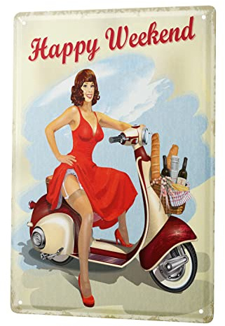Blechschild Retro - Vintage Metall-Poster für die Werkstatt - Pin up Motorroller Motiv - 30 x 40 cm