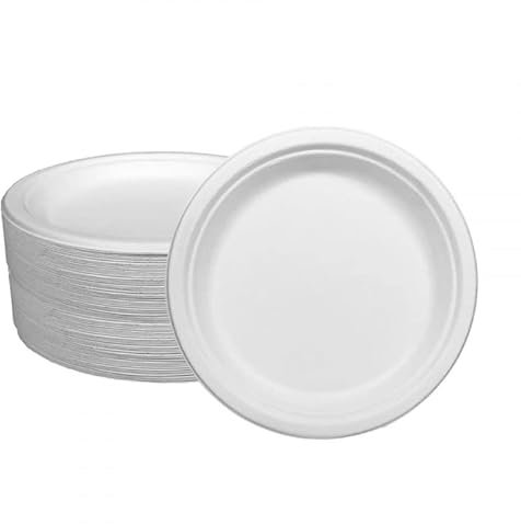 DIJUSA | Pack 50 Platos llanos Biodegradables de 17 Cm de Diametro | Vajilla Desechable Biodegradables, 100% Ecológico, Reciclable y Compostables | Plato de Caña de Azucar