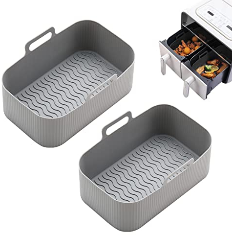 2 piezas freidora de aire olla de silicona, revestimiento de gel de sílice, sartén de aire reutilizable para horno, microondas, hogar, cocina, accesorios para sartenes de aire al aire libre (gris)