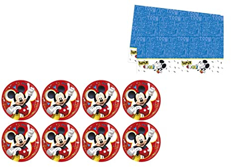 ALMACENESADAN, 4887, pack Disney Mickey Mouse compuesto por mantel 120x180 cm y 8 platos de cartón de 23 cm, ideal para fiestas y cumpleaños. (8435510348878)