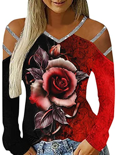Shirt Schulterfrei Damen Damen Casual Top Shirt Rose Flower bedrucktes Top V-Ausschnitt Schulterfrei Bluse Langarm T-Shirt Bluse Tops Festival Outfit