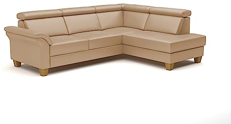 CAVADORE Leder-Schlafsofa Ammerland mit Ottomane / Landhaus-Sofa mit Federkern, Bett, Bettkasten + Kopfteilverstellung / 245 x 84 x 194 / Leder Beige