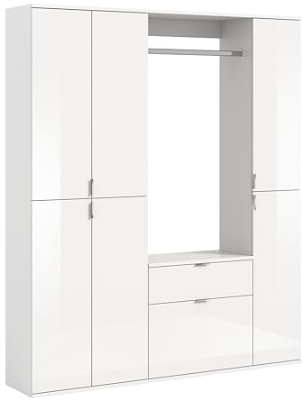 xonox.home Systemmöbel Projekt X 4tlg. Kombination Garderobe Ankleidezimmer Schranklösung Büro Ordnungssystem in Front weiß Hochglanz Korpus weiß Nb., ca.152x193x34cm