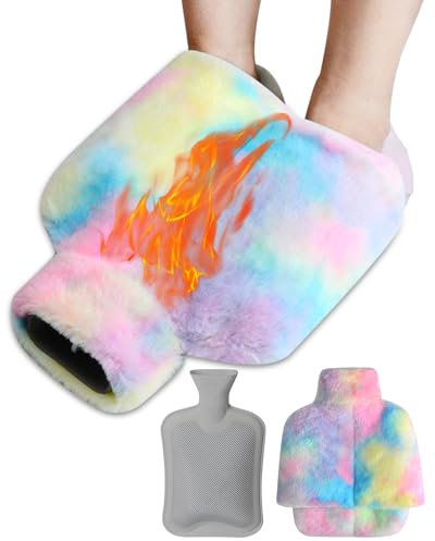 Chauffe Pied,2L Bouillotte Pieds Non électrique avec Housse en Peluche Semelle Antidérapante Durable,Chaufferette Pieds Reutilisable Lavable et Amovible Convient aux Femme Homme(Multicolore)