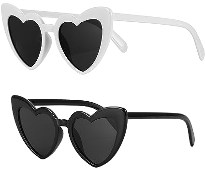OUZHOU Herz Sonnenbrille 2 Stück Herzbrille Herzen Sonnenbrillen Retro Herzform Party Brille Katzenaugen Sonnenbrille für Damen Frauen (Weiß und Schwarz)