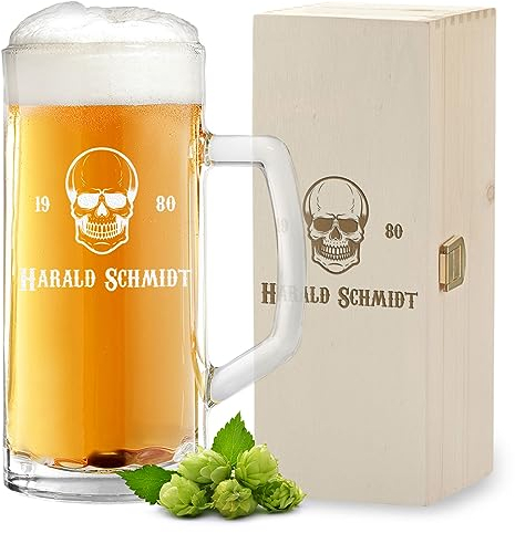 Lot de 2 chopes à bière en verre de 500 ml et 1 boîte en bois avec gravure – Idée de cadeau pour homme – Cadeau pour la fête des pères, un anniversaire et un anniversaire – Verre à bière avec trait de
