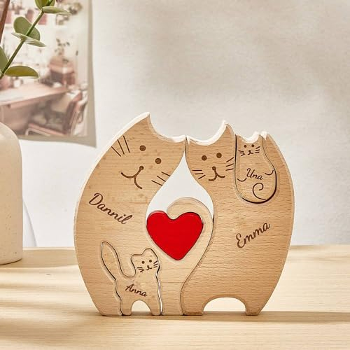 Personalisiertes Holzkunstpuzzle der Katzenfamilie mit 1-8 Namen| Katzenskulptur aus Holz als Desktop-Dekoration Ornament für Zuhause | Tischdekoration, Geschenk für Familie | Bürodekoration