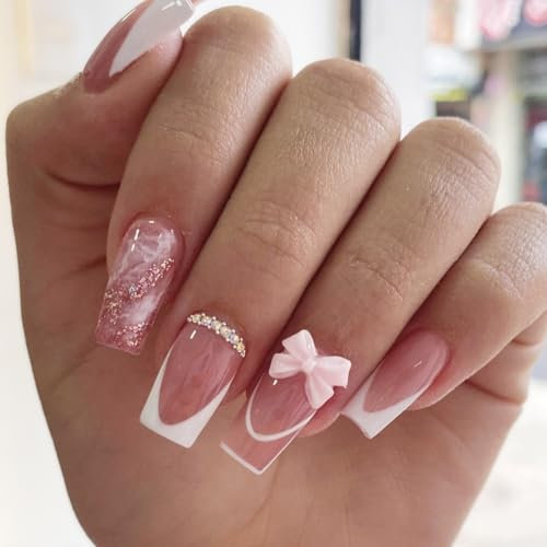 MouyouGlow Press on Nails Mittellang,Square Cute Rosa Weiß French Marmor 3D Schleife Fliege Bow Tie Diamant Glitzer Y2K Coquette Fake Nails mit Nagelkleber,White Tips Künstliche Fingernägel