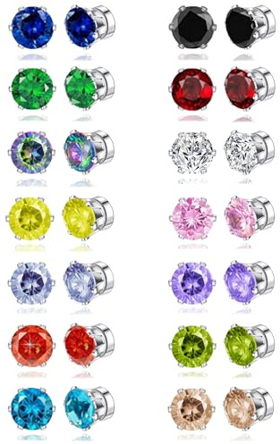 Ofeiyaa 14 Pairs Magnetic Stud Earrings Multicolor Cubic Zirconia Clip on Earrings Set Non-Piercing Fake Earring Jewelry for Women Men 4MM