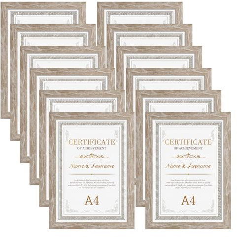 Giftgarden 12 Stück Bilderrahmen A4 Set - Rahmen din A4 für 21x29,7 cm Fotos und Bilder, Beige Holzmaserung Fotorahmen Collage für Kinderzeichnungen Kunstwerke Zertifikate Dokumente