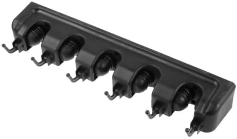 Uonlytech Broom Holder Wall Mounted Mop Rack Plastic Cleaning Supply Organizer Mop Storage Shelf Utility Holder for Bathroom - Black (5 Slots, 6 Hooks)