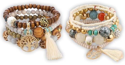 2 Set Bohémiens en Perles de Bois Bracelet avec Arbre de Vie, Pompon Multicouche Empilable et Gland Coloré Élastique pour Femmes et Filles