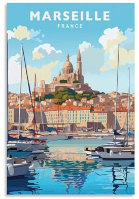 Jdjdu Marseille France Affiche de voyage vintage Cadeau Décor mural Peinture Affiche Toile Art mural Affiche
