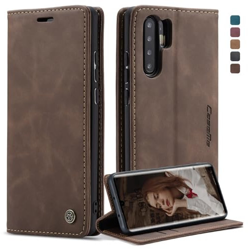 owlhold Handyhülle für Huawei P30 Pro Hülle, Premium Lederhülle Weiches Vintage-Nubukleder Faltbare Ständer Klapphülle Kartenfach Standfunktion stoßfest Schutzhülle für Huawei P30 Pro -Kaffee