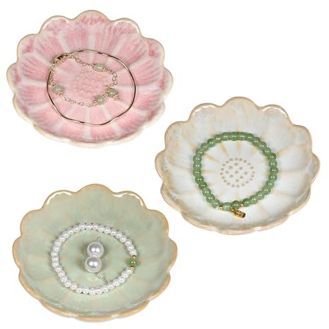 YoHyien 3 Stück Keramik Schmuckschale, Blumenform Schmuckteller, Deko Schmuck Schale, Jewelry Tray Aesthetic Room Decor, Ringschale für Schlafzimmer, Schminktisch, Nachttisch (Rosa + Grün + Weiß)