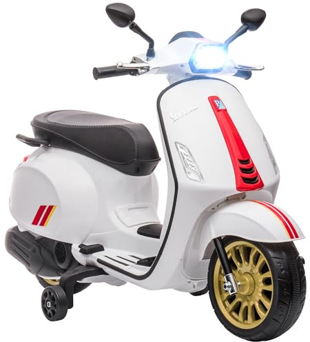 AIYAPLAY Vespa Licensed 12V Kids Electric Motorbike, Kids Ride on Motorcycle with Music, Headlight, MP3, FM Radio, Two Training Wheels, for 3-6 Years - White