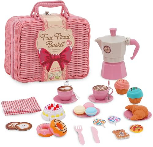 Cocina Juguete,Accesorios Cocina Juguetes con Manta de Picnic, Cafetera, Tartas y Postres Cortables,Cocina Exterior Niños Utensilios Cocina Juguete,Cesta Picnic Juguete Niños 3 4 5 Años (Rosa)