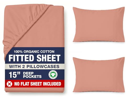LANE LINEN Organic Cotton Super King Fitted Sheet – Ultra Soft & Breathable with 2 Pillow Covers, 35cm Deep Pocket, Elastic Edges Bottom Sheet - Rose Dawn