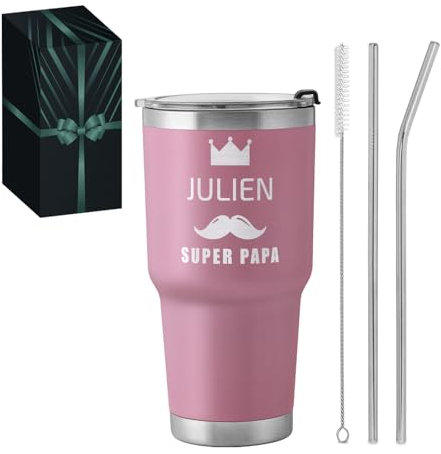 Maverton Mug Personnalisé en Acier Inoxydable Rose 800 ml - Mug Isotherme avec Paille avec personnalisation pour papa - Cadeau Fete des Peres - avec Brosse et Boîte Cadeau Super papa