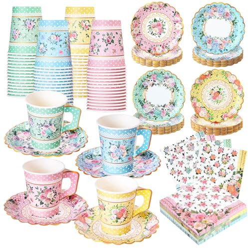 SUMMORO 180 Pcs Floral Paper Tea Cups and Plates 9 OZ Disposable Paper TeaCups and Saucers with Tea Party Napkins Set for Tea Party Decoration Birthday Wedding Bridal Shower Party Supplies
