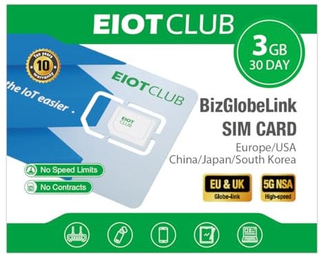 EIOTCLUB Carte SIM Globale, 3GB de données | 30 Jours, SIM de Voyage prépayée 5G/4G pour l'UE (33 Pays) + USA/Chine/Japon/Corée du Sud, sans contrat, pour Téléphones, Routeurs, Données Uniquement