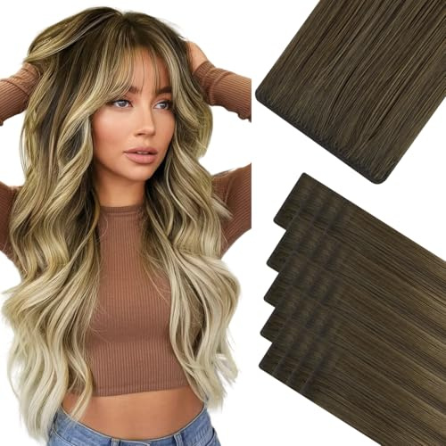 Hotbanana Invisi Edge Tape in Hair Extensions Echthaar 45cm | Remy Hair Invisible Ombré Walnuss Braun bis Ash Braun und Bleach Blonde Tape in Extensions 20PCS 50g