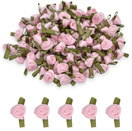 celloexpress 12mm Pale Pink 117 Satin Ribbon Roses with Green Leaves - Small Flower Buds - Crafts, Embellishments (Pack of 10)