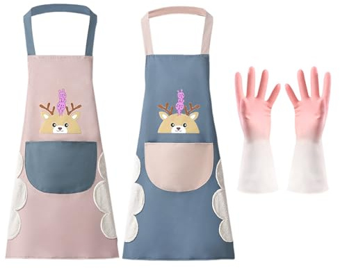 2 Stücke Cartoon-Schürze Und 1 Stück Rosa Reinigungschuhe, Wasserdichte Halfterhalsschürze, Öldichtes Schürze, Latex-Rutschfeste Handschuhe, Kräftig-Resistente Geschirrhandschuhe, Küchenbedarf.