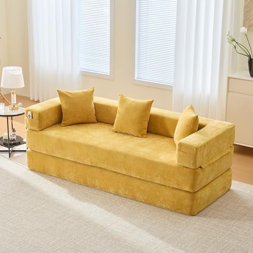 Ligterra Modulares Sofa, Sofa mit Schlaffunktion, Schlafsofa, Chenille-Block, Frei Kombinierbar mit Stauraum & Rutschfester Unterseite, für Wohnzimmer, Studienzimmer, 198×159×41cm (Senfgelb)