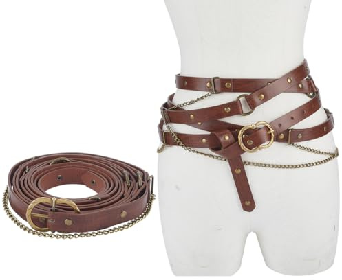 DELORIGIN Mittelalterlicher DIY Gürtel Aus Kunstleder Mit Metallkette Verstellbarer Taillengürtel Schmaler Renaissance Gürtel Für Damen Piraten Rave Fantasy Accessoire
