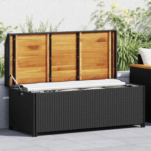 PHGTYUK Poly Rattan Sitzbank mit Stauraum 120 cm Schwarz, Gartenbank Aufbewahrungsbox aus wetterfestem Poly-Rattan, Akazienholz und Stahlrahmen, geräumiger Stauraum für Kissen,