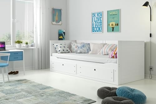 Interbeds Hermes Ausziehbares Bett Kojenbett 80x200 auf 160x200 cm Tagesbett Doppelbett Funktion Schlafsofa mit 2 Schubladen, MDF & Holz, Gästebett Kinder Jugend Erwachsene (weiß)