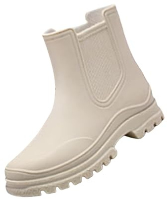 Maskjuwio Stivali di gomma da donna in gomma tinta unita con suola grossa, stivali da Wellington per festival, antiscivolo, in neoprene, alla moda, da giardino, leggeri, senza lacci, da lavoro, bianco