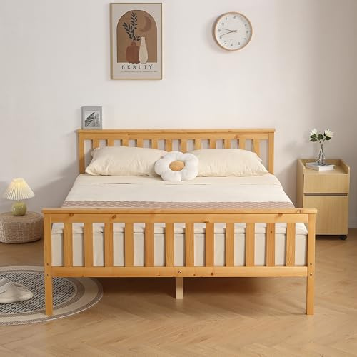 Comfy Living 5ft King Bed Frame with Mattress, Solid Pine Wooden Bed for Adults Kids Teenagers, Atlantis Style, Caramel