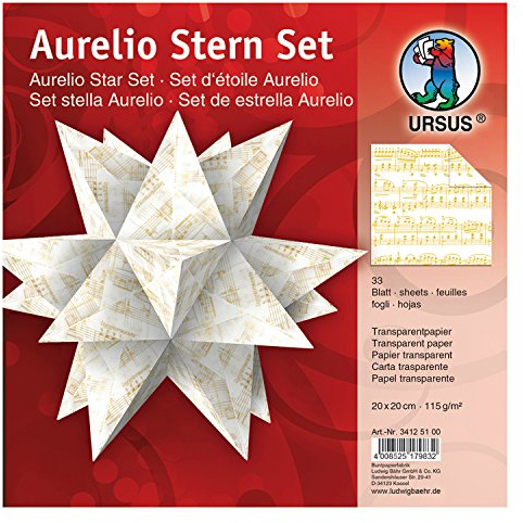 Ursus 34125100 - Faltblätter Aurelio Stern Noten, gold, 33 Blatt, aus Transpatentpapier 115 g/qm, ca. 20 x 20 cm, einseitig bedruckt, ideal als Weihnachtsdeko