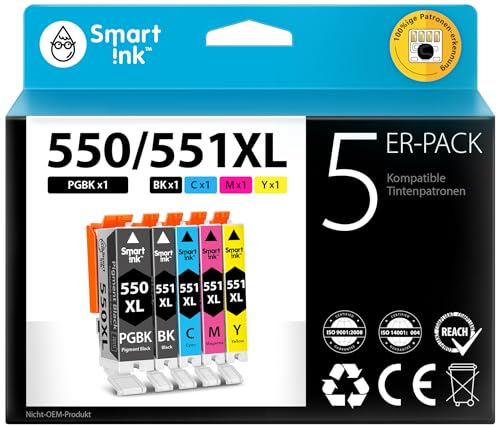 Smart Ink Kompatible Druckerpatronen als Ersatz für Canon PGI 550 XL 550XL CLI 551XL 551 (PGBK & BK/C/M/Y 5 Multipack) für Canon PIXMA iX6850 MG5650 MX725 MG6650 MG6450 MX925 iP7250 MG5550