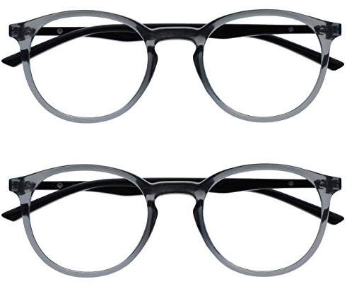 OPULIZE Met Lesebrille 2er Pack Schlank Runder Rahmen Federscharniere Kratzfest Transparent Grau Schwarze Bügel Herren Damen RR60-7 +1.50