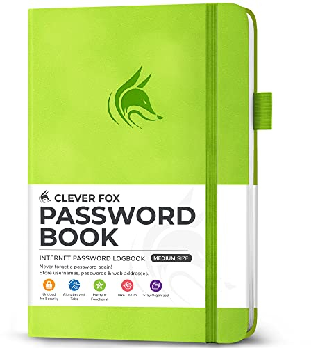 Clever Fox Passwortbuch mit Registerkarten - Adress- und Passwort-Organisationsbuch mit alphabetischen Registerkarten - Mittelgroßes Passwortbuch für Computer- und Website-Logins, Grün