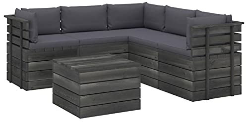 Ksodgun 6-TLG. Garten-Sofagarnitur aus Paletten mit Kissen mit Tisch Gartenlounge Sitzgruppe Gartengarnitur Balkonmöbel für Terrasse Kiefernholz Anthrazit