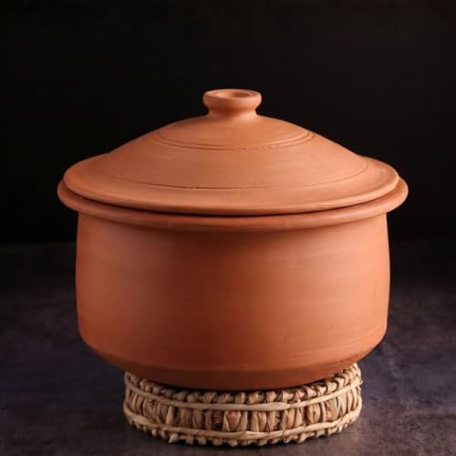 Swadeshi Blessings HandMade Exclusive Range Unglazed Earthen Kadai/Mud Handi/Mitti Ke Bartan/Clay Pot for Cooking & Serving with Lid(with Mirror Shine) + Free Palm Leaf Stand (5 Litres)