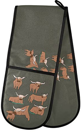Brown Highland Cows Collection Scottish Breed on Dark Green Double Oven Mitt Gloves Extra Long Potholder High Heat Resistant for Baking Cooking Baking Grilling Handling Hots Pans 35x7