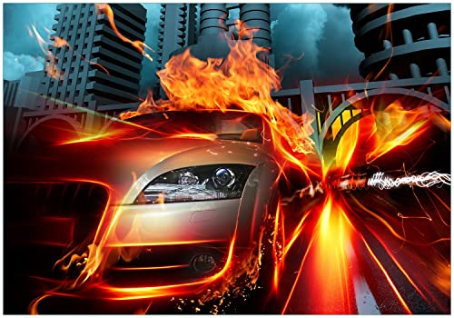 Wallario Vliestapete Fototapete Brennendes fahrendes Auto - Wandtapete Größe: 200 x 140 cm