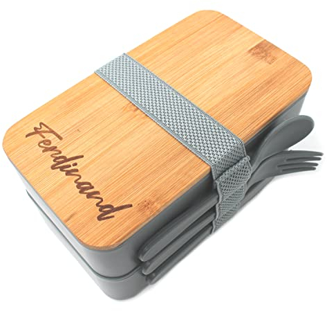 Generisch Brotdose mit Namen personalisiert, Lunchbox mit Bambusdeckel 2x500ml, Brotdose mit Fächern und Besteckset