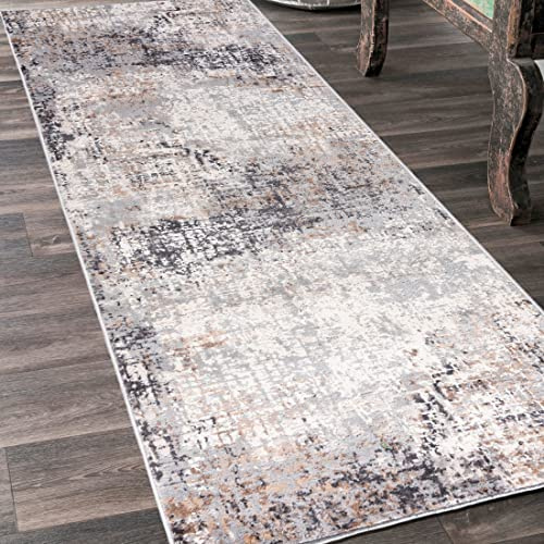 Mazovia Läufer Flur 70x275cm Creme Anthrazit Abstrakt Weich Pflegeleicht | Teppichläufer für Küche Waschküche Schlafzimmer Beige Fußbodenheizungsgeeignet Reinigungsmittelbeständig Verkauf pro Meter