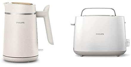 Philips Wasserkocher – Eco Conscious Edition, 1.7 L Fassungsvermögen, Kontrollanzeige, Pirouettenbasis, aus Altspeiseöl, seidenweiß-matt(HD9365/10) & Philips Toaster – 2 Toastschlitze, weiß(HD2581/00)