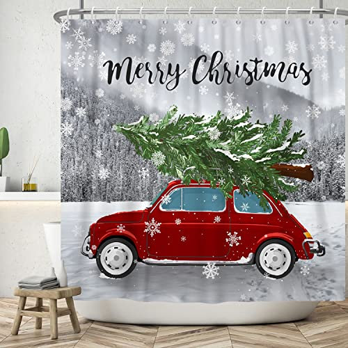 Bovlleetd Weihnachtlicher Duschvorhang 180x180cm Roter Auto mit Weihnachtsbaum Winterlandschaft Schneeflocken Muster Wasserdicht, Waschbar Polyester Badevorhänge mit 12 Haken für Badezimmer, Badewanne