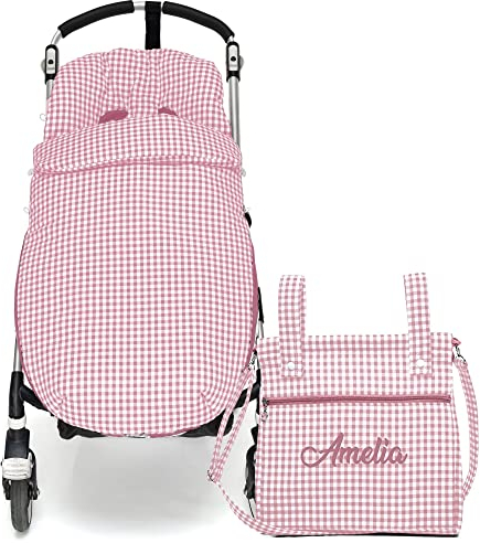 Conjunto de Saco Silla de paseo Universal + Bolso Panera Personalizada – Conjunto Saco Universal + Talega o bolsa para carrito bordada con nombre – Vichy Rosa maquillaje – Nenel