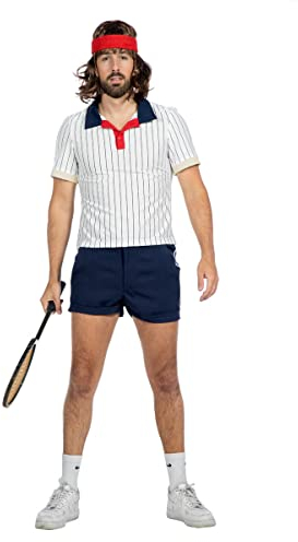 WILBERS & WILBERS Retro Tennis-Spieler Herren-Kostüm - Zweiteiliges Fasching Kostüm Set - Weiß/Blau - Größe 48