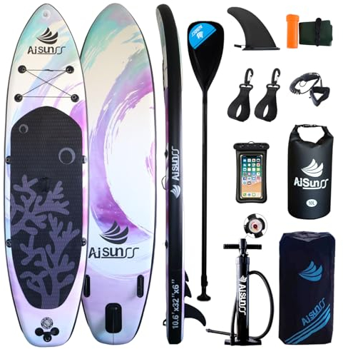 AISUNSS Tavola gonfiabile per adulti, tavola da paddle per tutti i livelli di abilità, ampia tavola da SUP con accessori in Primium, include borsa per il trasporto SUP, pompa a mano, borsa