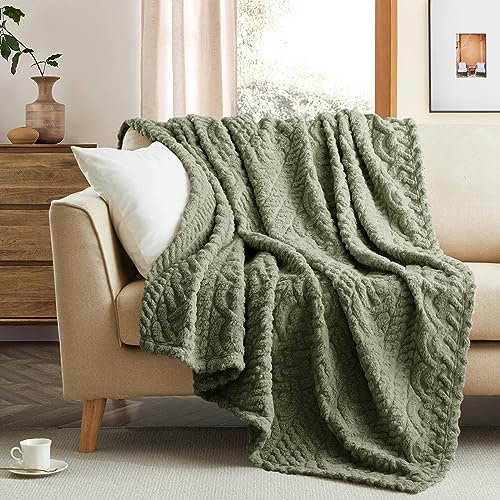 Coastline Sherpa Throw Blanket,Cable Pattern Decorative Soft Cozy Blanket for Couch Sofa,Light Weight Fleece Warm Throw Blanket for Bed,Olive Sage Green,152 x 203 cm